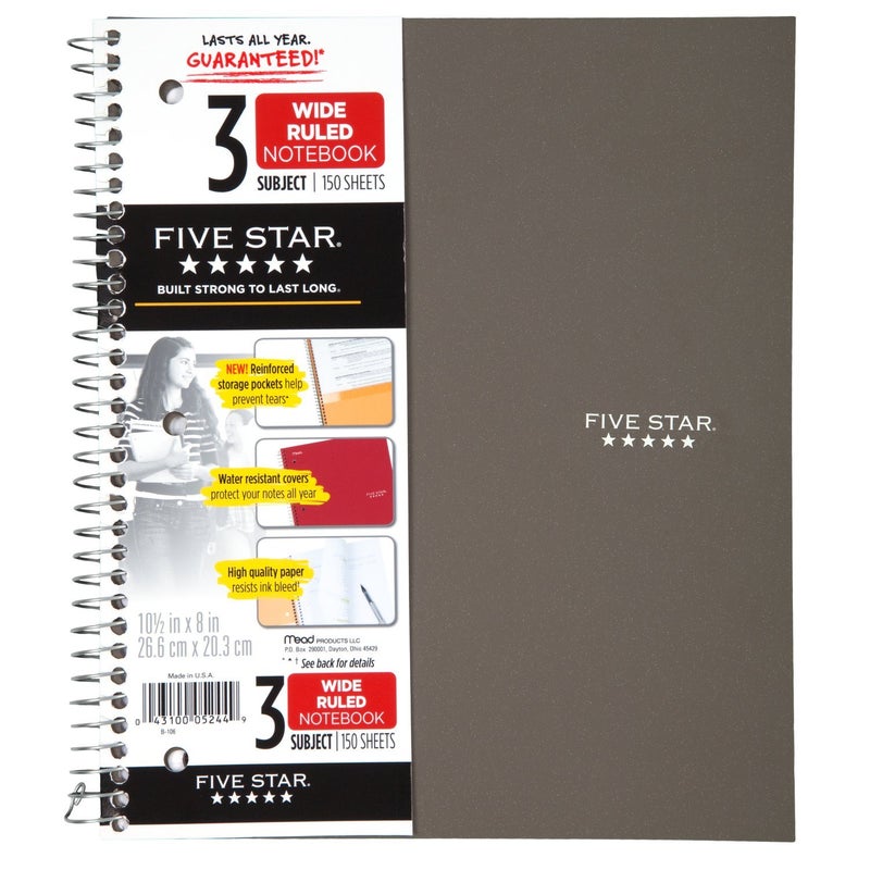 Five Star Spiral Notebooks, 3 Subject, Wide Ruled Paper, 150 Sheets, 10-1/2" x 8", Assorted Colors, 6 Pack (73449) - Image 3